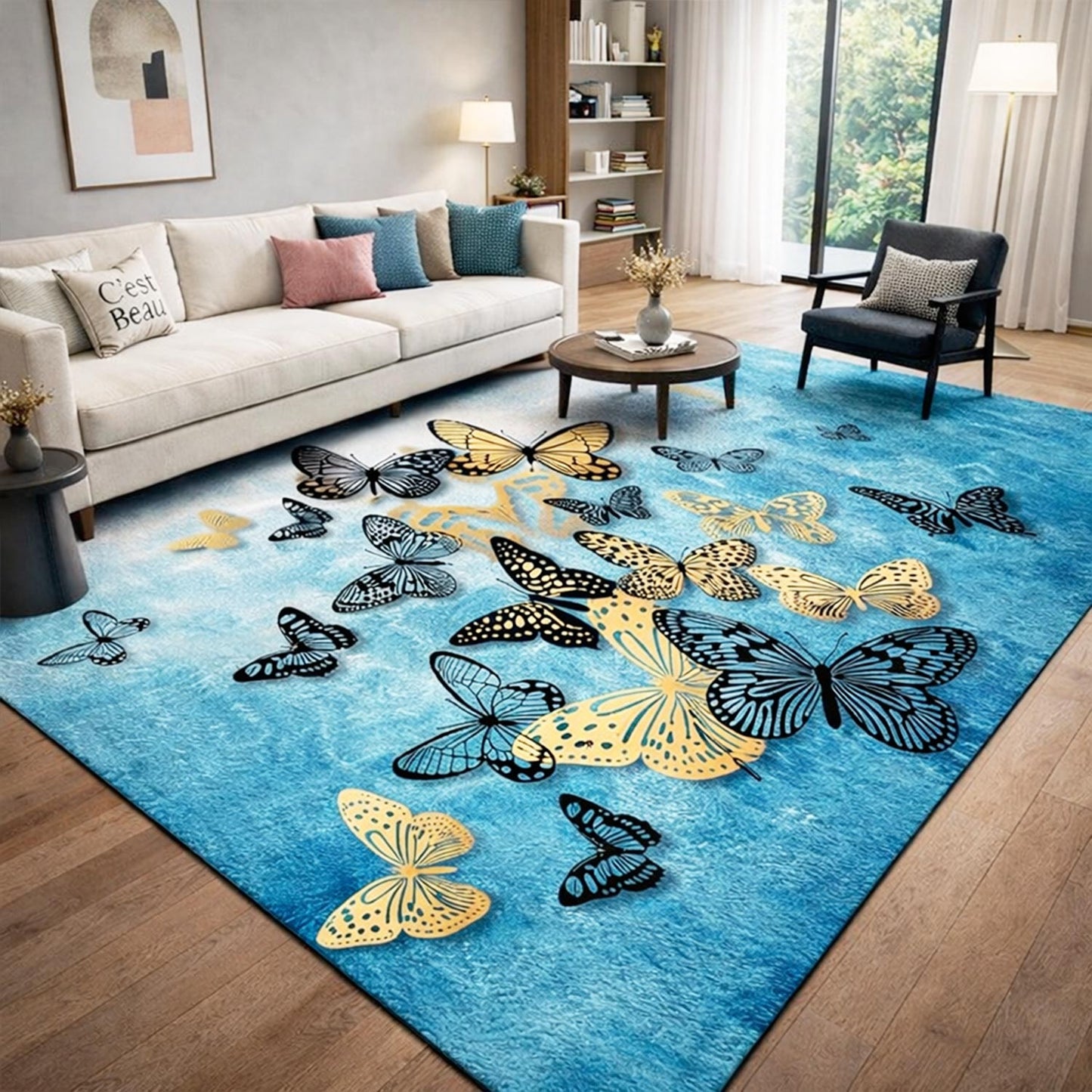 Tapis de Salon Papillon Noir Imperméable